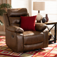 Baxton Studio RR5227-Dark Brown-Recliner Baxton Studio Beasely Modern and Contemporary Distressed Brown Faux Leather Upholstered Recliner